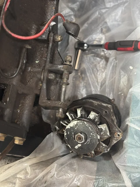 Alternator is factory with no internal voltage regulator.  They removed the external regulator and fried all the wiring.  I still don't know how this janky ducktape lake wreck didn't start on fire.