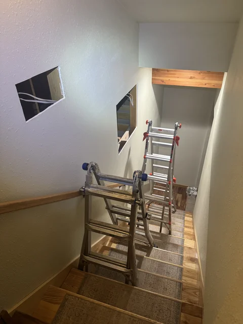 Hidden room 2... One exploritory hole (closer).  One hole to put bins in the massive empty space (12'x20' room!).  This will be hidden behind a large picture on gooseneck hinges.  Smaller hole will be patched back up.