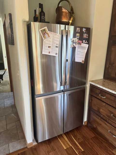 The refrigerator that came in the house would not work with the size of the doors (too thick). We hunted and found a fridge that would mostly fit. And by mostly, I mean the largest project since we moved in. This used to be a 6x6. In order to get the cabinet drawers to open without sliding across the face of the fridge AND be able to open both fridge doors, well… some tools got used. 