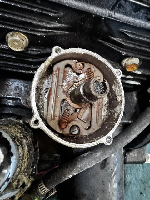 Distributer tear down.  It came out eventually, as it was really nasty down behind this plate..